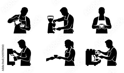 Barista Coffee Preparation Icons, Espresso Machine, Grinder, Pouring, Serving Vector Set