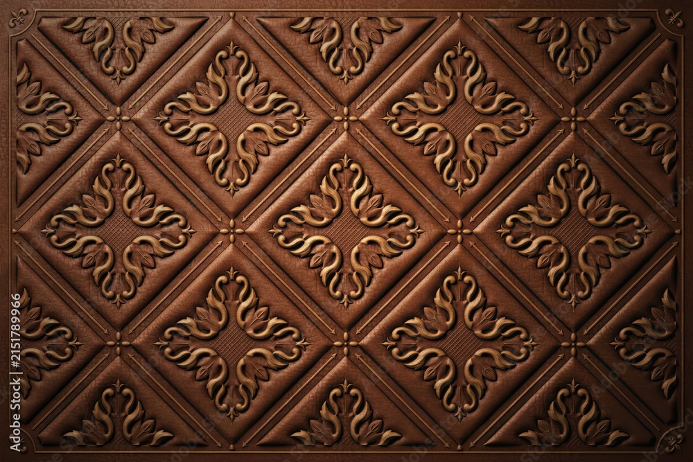 Obraz premium Brown leather background, with a repeating, diamond grid pattern, containing embossed floral, motifs and a, textured surface finish, for upholstery