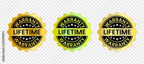 Lifetime warranty badge label set with gold and green guarantee seals isolated on transparent background