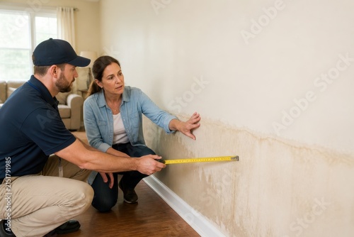 Woman and contractor inspecting water damage on wall in home, measuring for repair and renovation