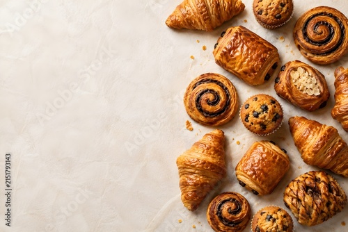 Chocolate pastries and croissants arranged with clean copy space