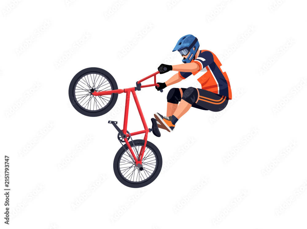 Obraz premium A professional cyclist performing a high jump stunt on a red BMX bike.