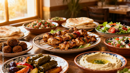 Mediterranean food assortment with pita salad and roasted vegetables