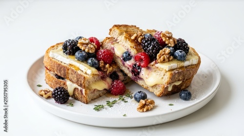 Delicious gourmet grilled cheese sandwich bursting with fresh berries and nuts, a sweet and savory delight.