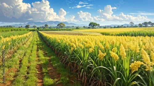 A vibrant field of golden crops under a bright blue sky