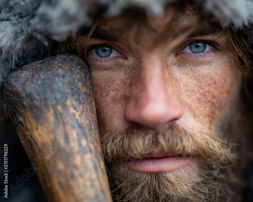 Extreme close-up portrait of a fierce Nordic viking warrior with striking blue eyes, holding a rustic wooden axe near his face