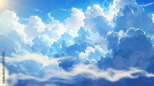 Bright white clouds drift across a vibrant blue summer sky