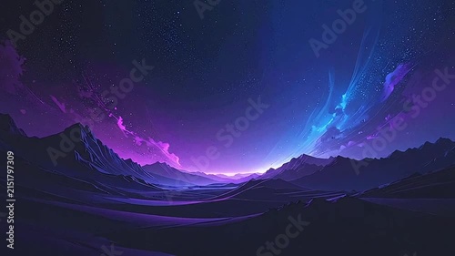 A vibrant night sky glows above dark mountain silhouettes