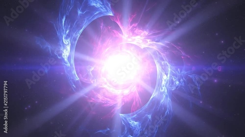 A glowing cosmic spiral of vibrant blue and pink light energy