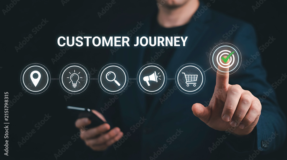 Obraz premium Customer journey stages with digital icons and hand interaction