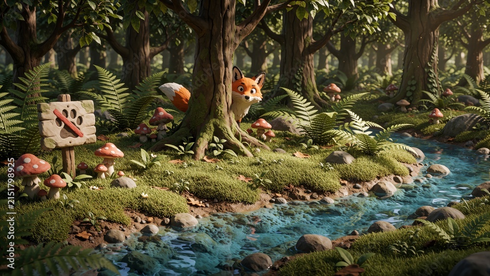 Fototapeta premium Cute Stylized Fox Peeking from Behind a Tree in a Magical Forest by a Stream