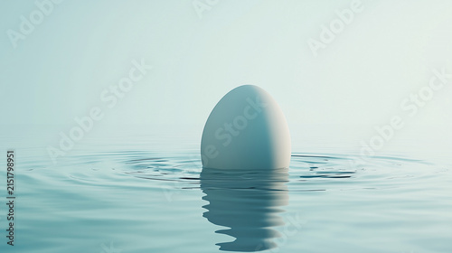 Minimalist conceptual composition of a single white egg emerging from calm turquoise water with gentle ripples
