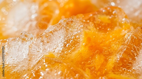 Macro abstract background of bright orange juice or fruit beverage with ice cubes texture,Close-up macro 