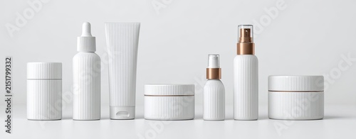 Blank white cosmetic containers, various shapes and sizes, with copper accents