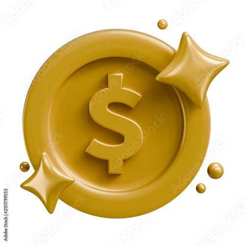 3D Golden Dollar Coin Icon with Stars and Glossy Texture