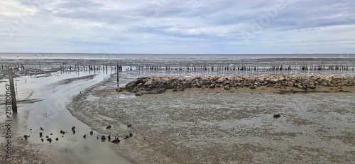 Concrete Mooring Posts and Rock Breakwater Wall at Low Tide, Small Boat Navigation Channel for Local Fishermen.
