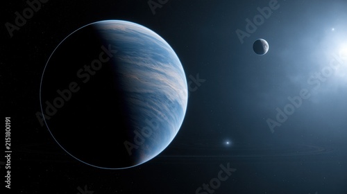 Beautiful light blue gas giant exoplanet with small orbiting moon and bright distant star in deep dark outer space shows stunning cosmic astronomy scenery