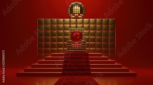Luxurious royal throne with red velvet cushion placed on red carpeted steps in front of golden tiled wall against solid red background shows award ceremony and victory concept