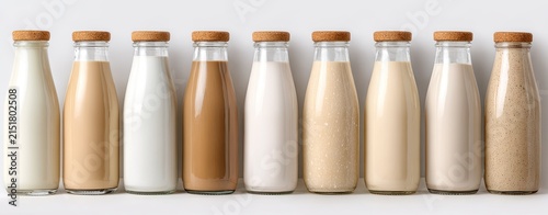 Row of glass milk bottles in various colors