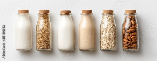 Various plant-based milks and ingredients in glass bottles