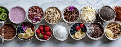 Variety of bowls with breakfast toppings