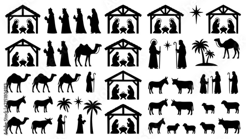 Foto Set of black silhouette icons representing the traditional christian nativity sc