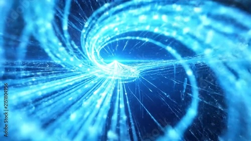 Abstract glowing blue light trails moving through a dark digital space