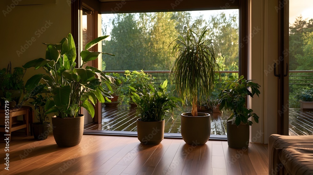 Fototapeta premium Sunlit indoor plants on wooden floor near glass doors overlooking a wet balcony and green trees