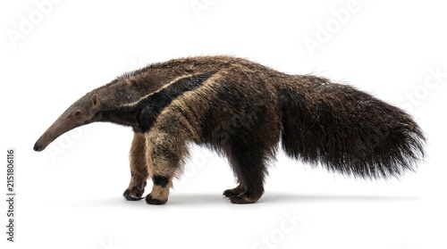 A full body side view of a giant anteater standing on a white background.