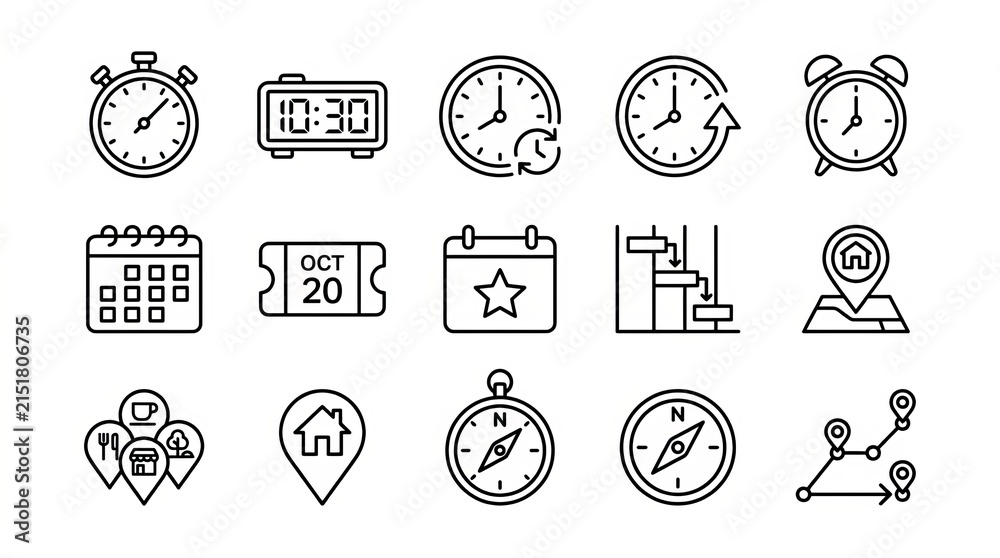 Fototapeta premium Collection of hand drawn black and white icons representing time and travel concepts.