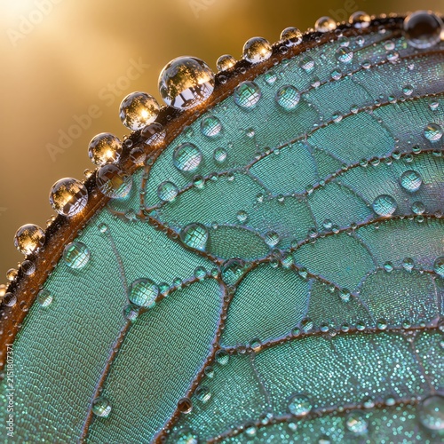 Extreme Macro Close Up of Water Droplets on a Vibrant Blue Butterfly Wing