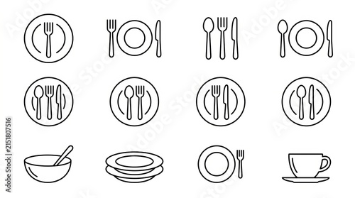 Set of black and white kitchen utensils and dining icons illustration.