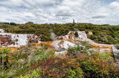 Steaming geothermal hot spring and mineral terraces in Rotorua, New Zealand