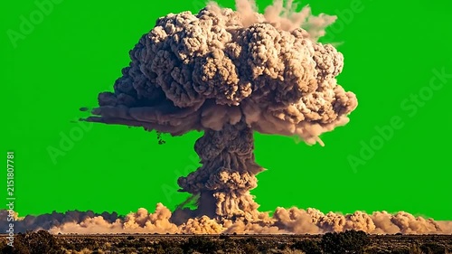A massive mushroom cloud rises against a bright green background