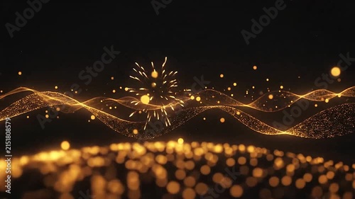 Abstract golden particles flowing in a dark background space