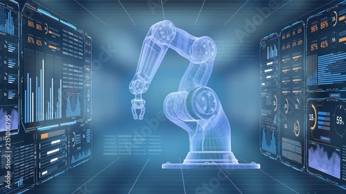 Futuristic industrial robot arm visualization with real-time dashboard analytics, monitoring production, efficiency, temperature, vibration, energy, and machine parameters for smart factory management
