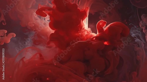Abstract red ink swirling in dark liquid creating fluid patterns