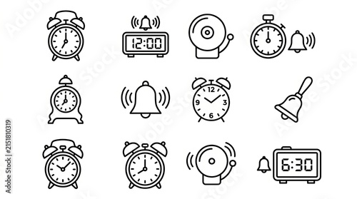 Collection of black and white clock illustrations showing various time concepts.