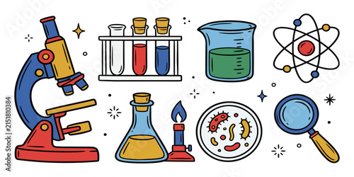 Vibrant science laboratory icons set featuring microscope beaker and research tools