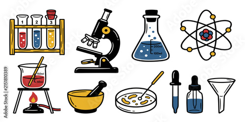 Vibrant Hand-Drawn Science Lab Tools and Equipment Icons Collection for Research and Education