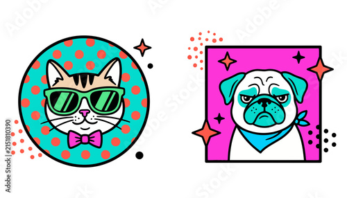 Colorful Pop Art Portraits Featuring a Stylish Cat with Sunglasses and a Grumpy Pug Dog