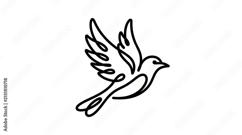 Fototapeta premium Flying white dove with outstretched wings in simple line art style.
