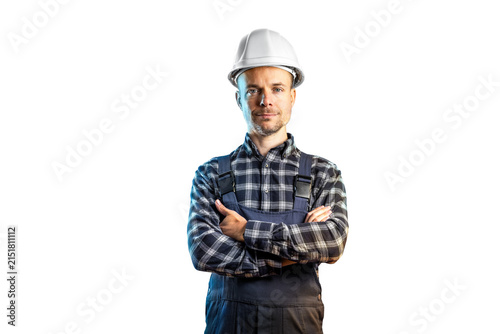 Construction Engineer in White Hardhat and Overalls isolated from background