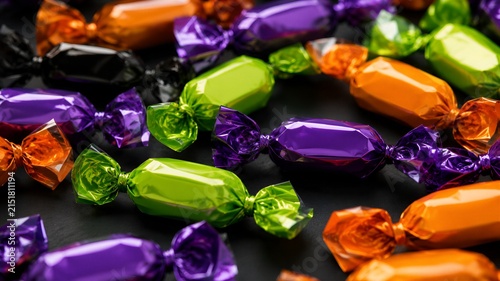 Halloween candy wrapped in shiny colorful foil on black background. Assorted sweets for trick or treat celebration.