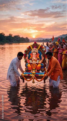 Indian men carrying Ganesha idol for immersion in river during sunset. Hindu devotees celebrating Ganesh Chaturthi festival. Ritual tradition of water submersion and religious ceremony.