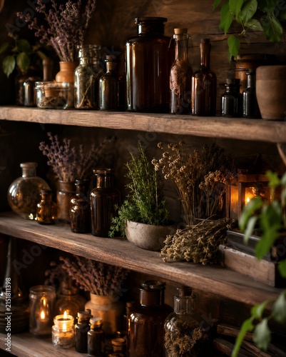 Apothecary shelves with amber glass bottles filled with dried herbs and essential oils.