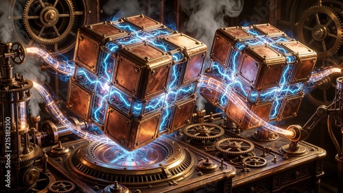 Futuristic Steampunk Energy Cubes with Glowing Blue Electrical Currents in Industrial Machine