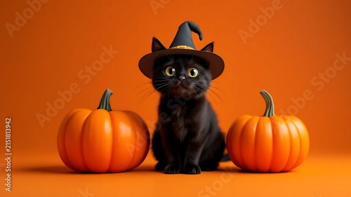 Cute black cat wearing a witch hat sitting between two orange pumpkins