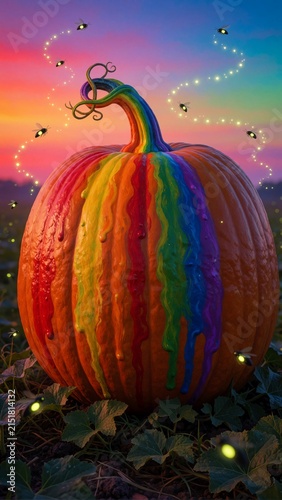 Surreal Rainbow Painted Pumpkin in a Field with Glowing Fireflies at Sunset