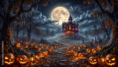 Halloween background digital illustration of spooky haunted house with pumpkins under full moon for seasonal party invitation, mystery game backdrop, and autumn horror banner.